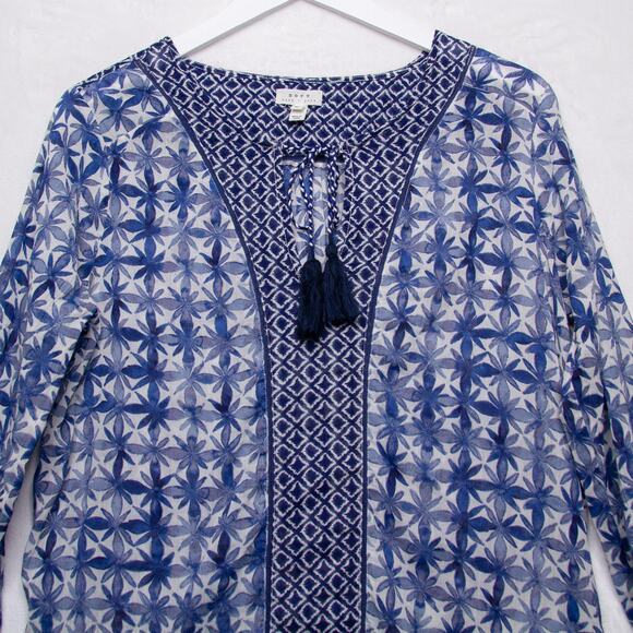 SOFT JOIE Batik Floral Tunic Top Gauzy Cotton Fringe Tassel Blue Boho Beach Sz M - Picture 2 of 10